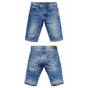 H&M Moto Denim Shorts Mens 34 Blue Distressed Button Fly Biker Panel Jean Shorts